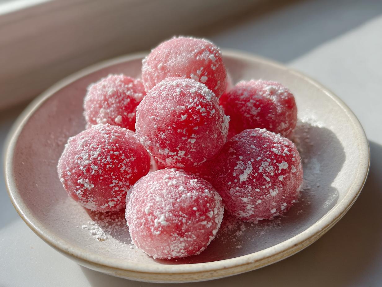 A small plate holding seven bright pink, round watermelon mochi dusted heavily with white powdered sugar.