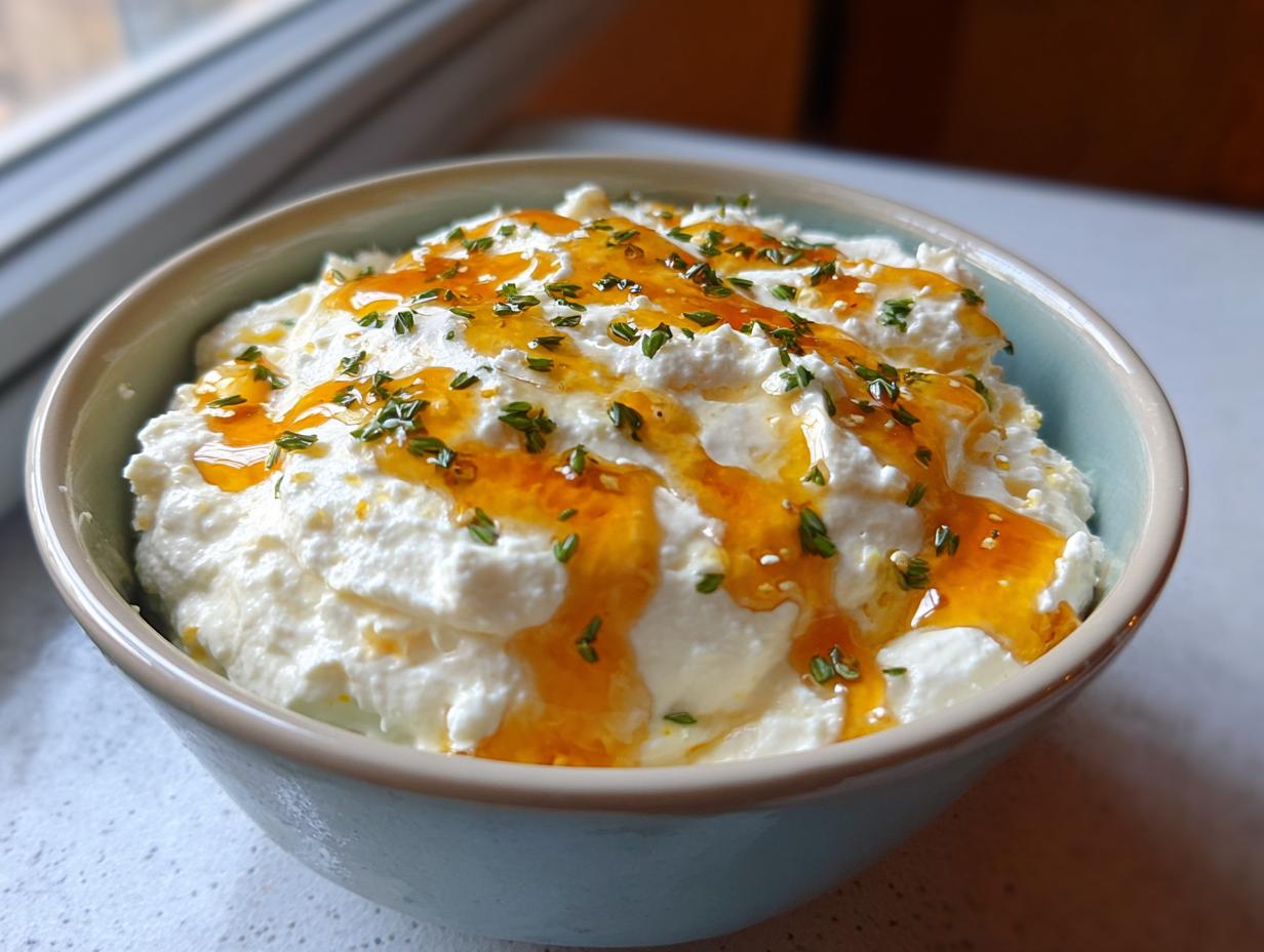 Close-up of a bowl of creamy whipped feta dip topped with golden honey and chopped green herbs.