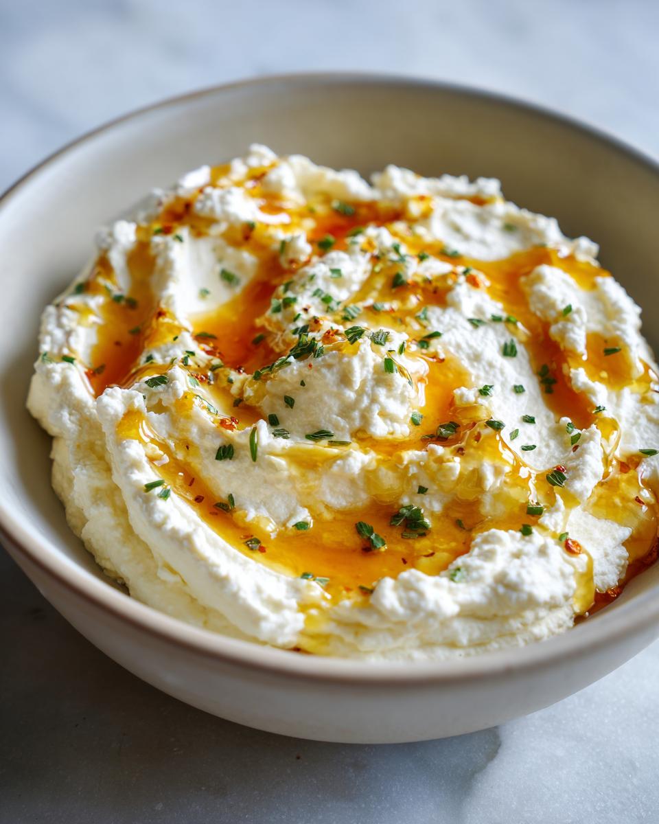 Close-up of creamy whipped feta dip topped with golden honey and fresh herbs.