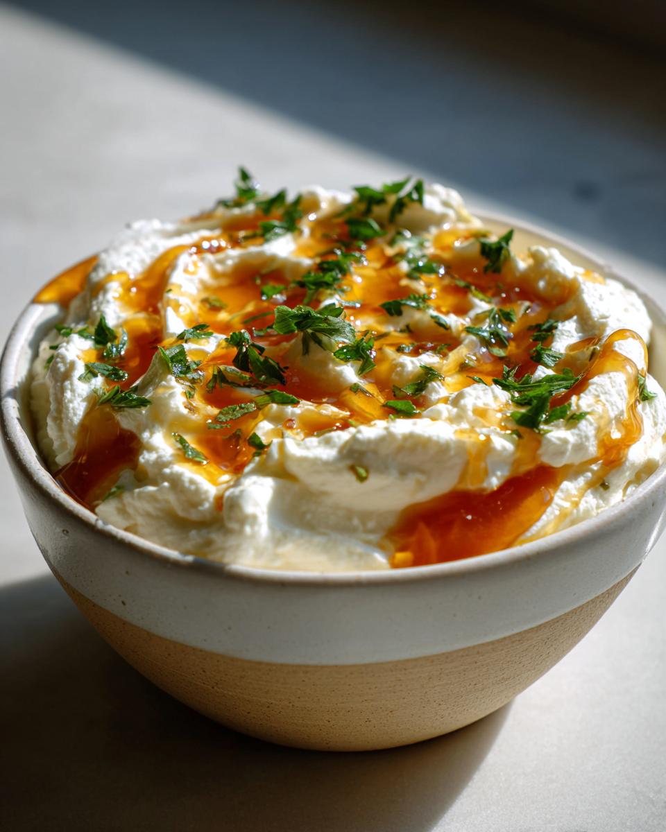 Close-up of a bowl of creamy whipped feta dip drizzled with golden honey and sprinkled with fresh green herbs.