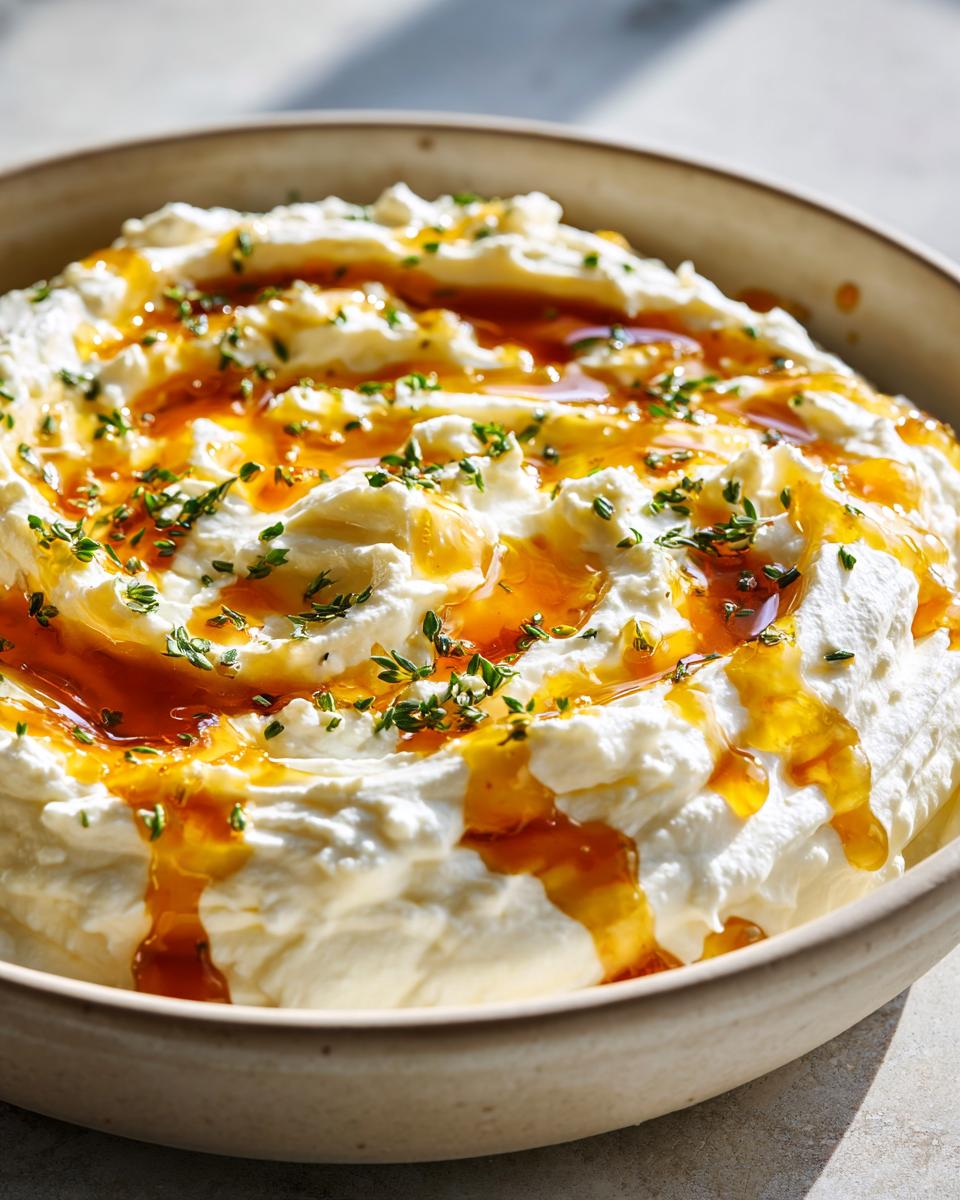 A bowl of creamy whipped feta dip topped with golden honey and fresh thyme.