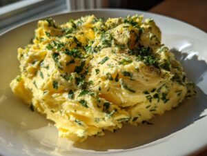 A mound of freshly whipped garlic butter mixed with chopped parsley and black pepper, served on a white plate.