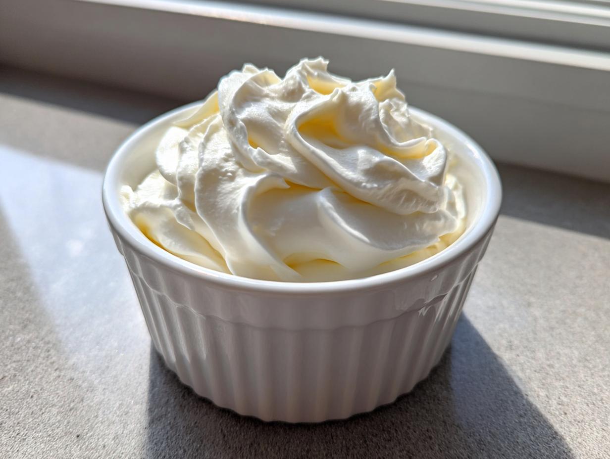A close-up of thick, creamy, whipped garlic sauce presented beautifully in a small white fluted ramekin.