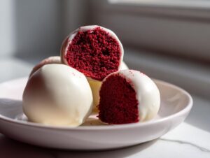 Close-up of several red velvet cake pops dipped in white chocolate coating, one is cut open showing the vibrant red interior.