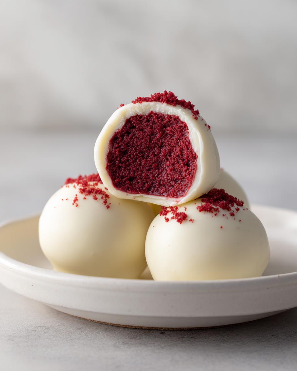 Close-up of white chocolate covered red velvet cake pops, one cut open showing the vibrant red interior.