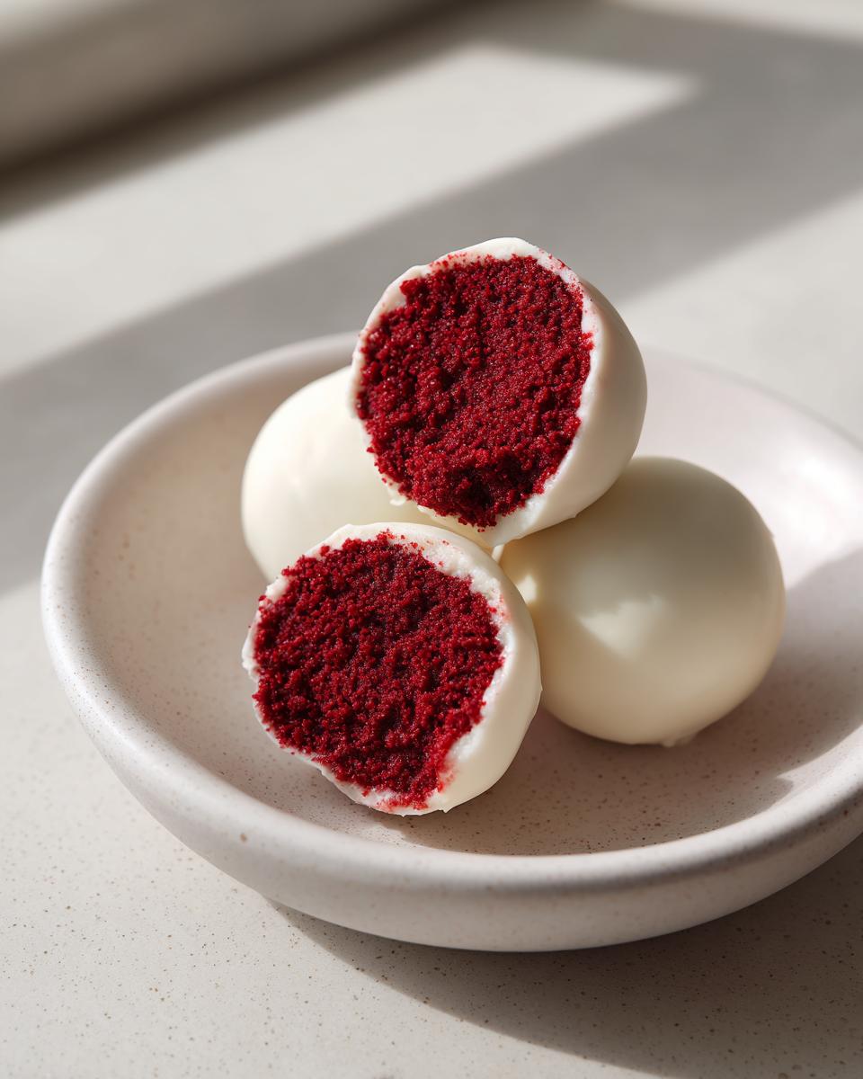 Close-up of white chocolate coated red velvet cake pops, one cut in half revealing the vibrant red interior.