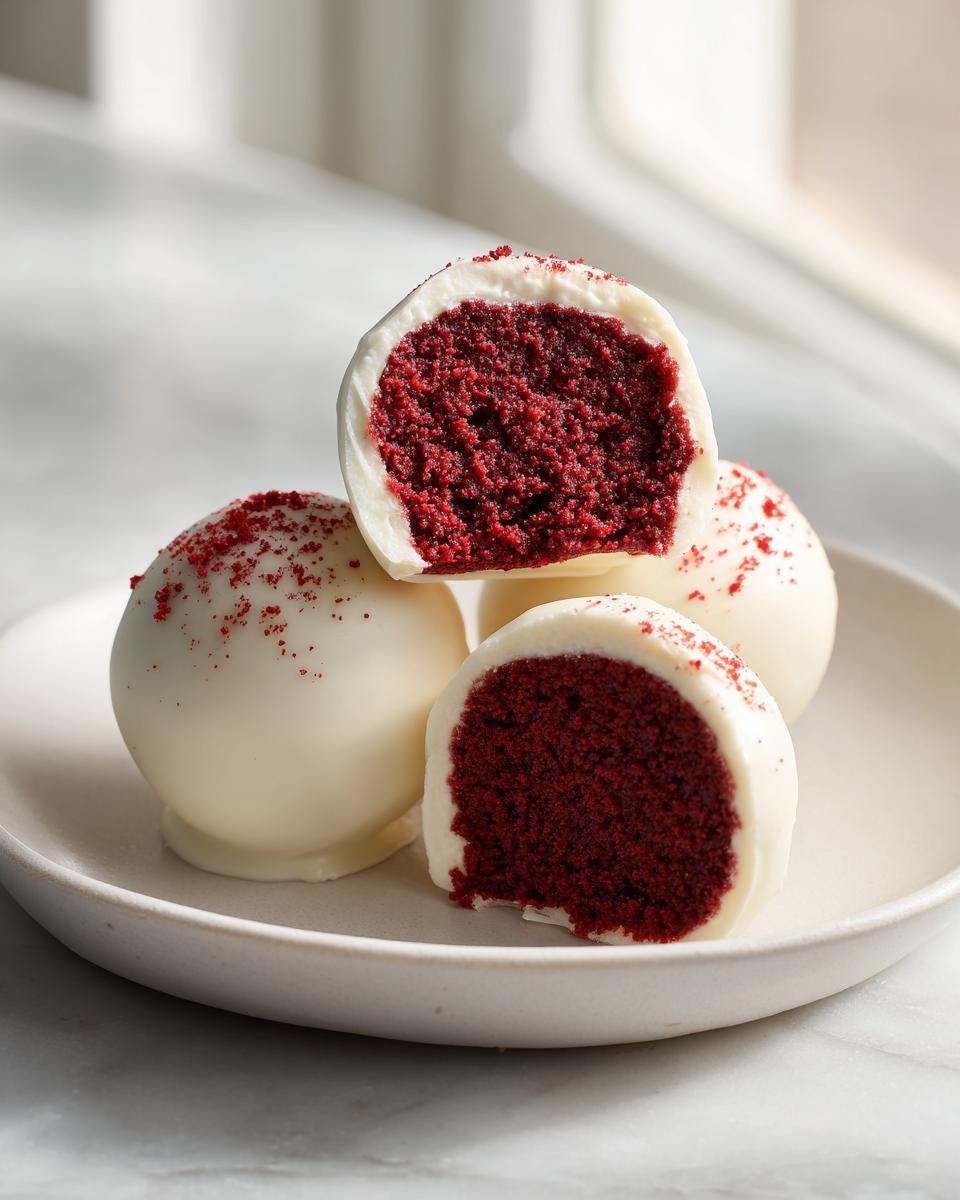 Close-up of white chocolate coated red velvet cake pops, one cut in half showing the deep red interior.