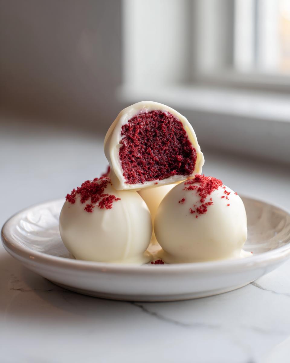 A stack of white chocolate coated red velvet cake pops, with one cut in half showing the vibrant red interior.