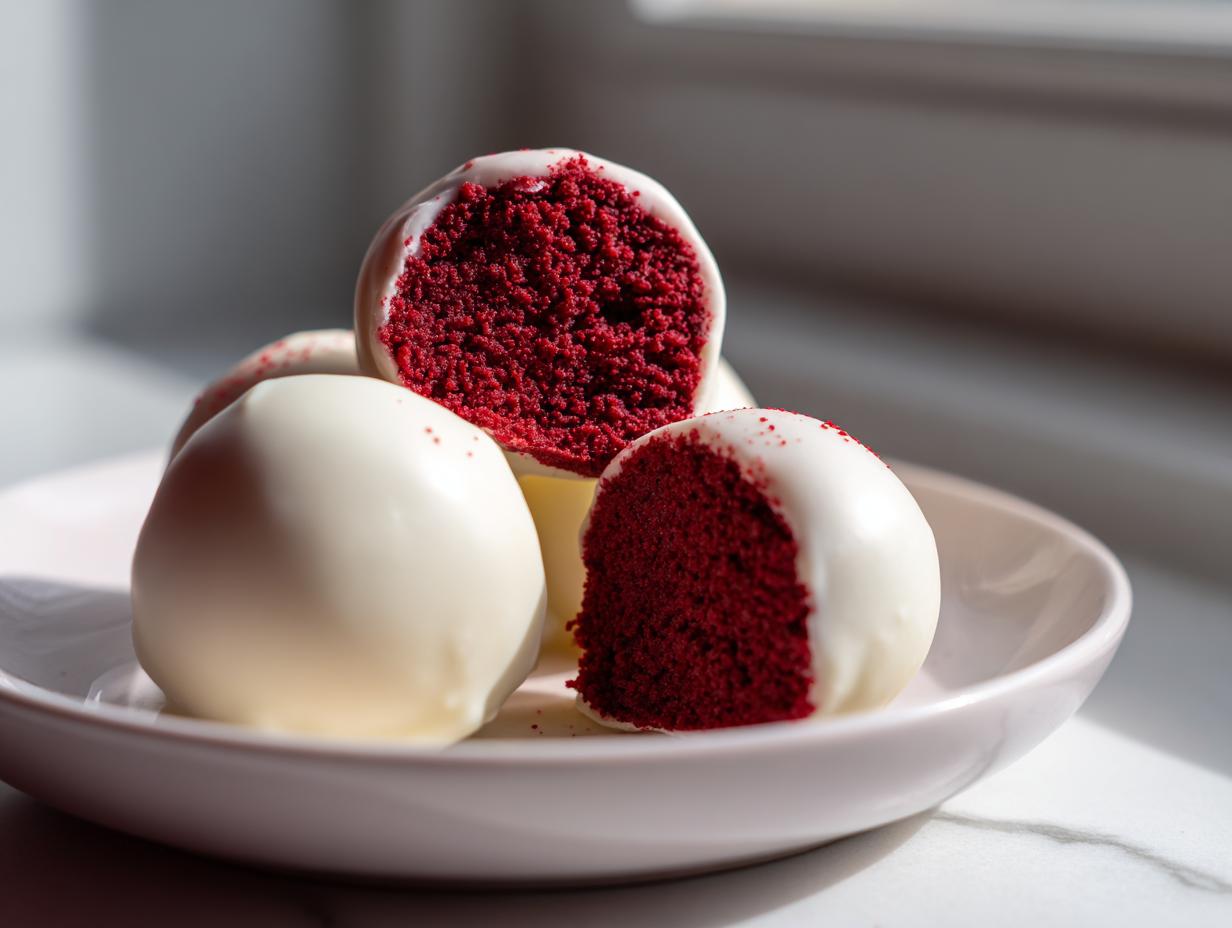 Close-up of several red velvet cake pops dipped in white chocolate coating, one is cut open showing the vibrant red interior.