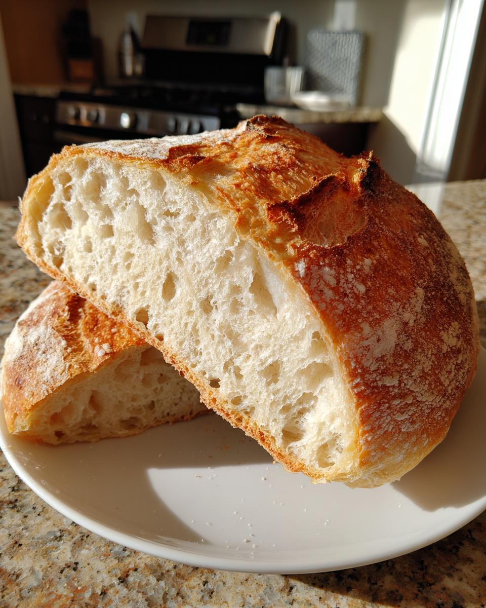 Close-up of a freshly baked artisan bread loaf cut in half, showing an open, airy crumb structure.
