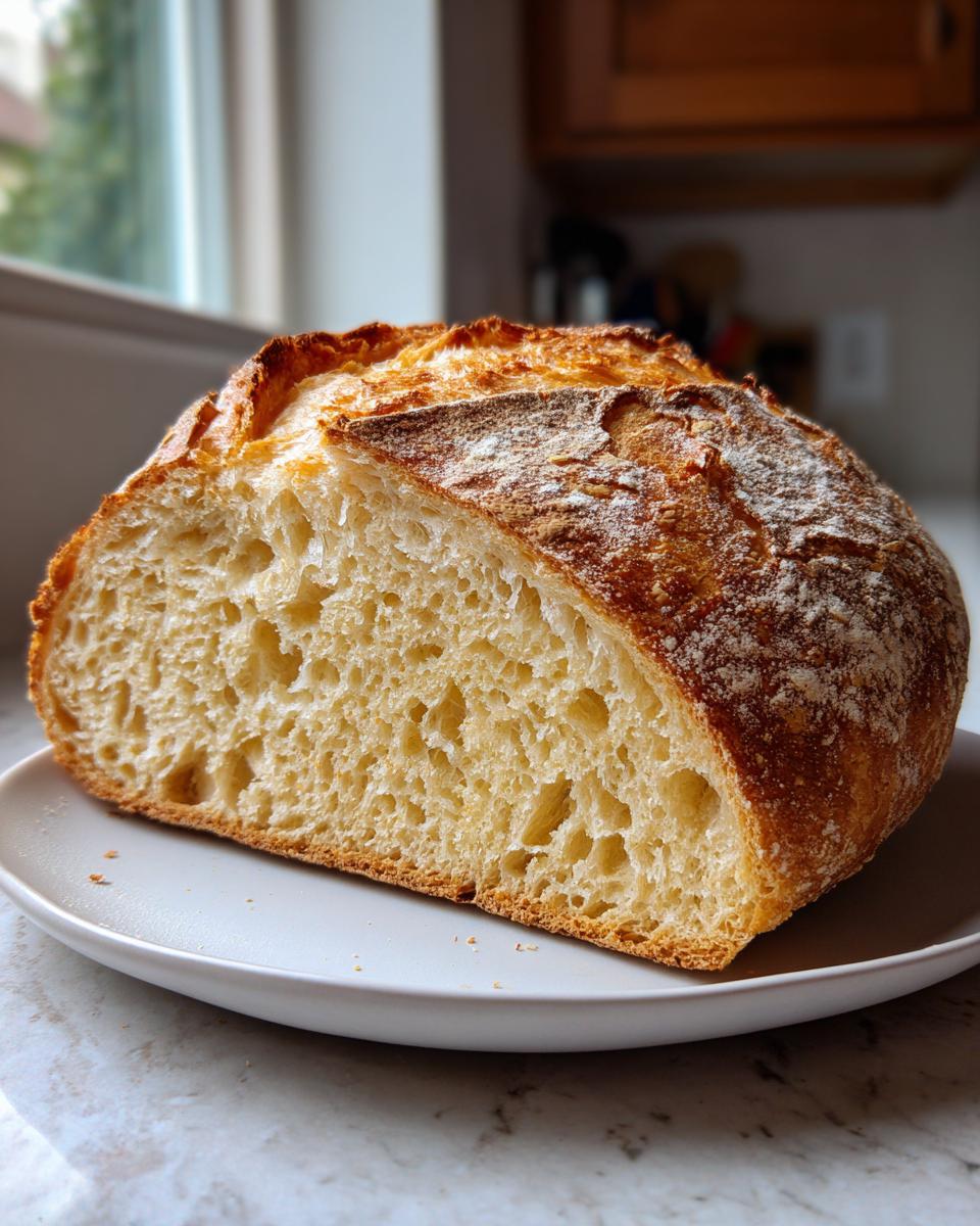 A half loaf of golden-crusted artisan bread sliced open to show the airy, open crumb structure.