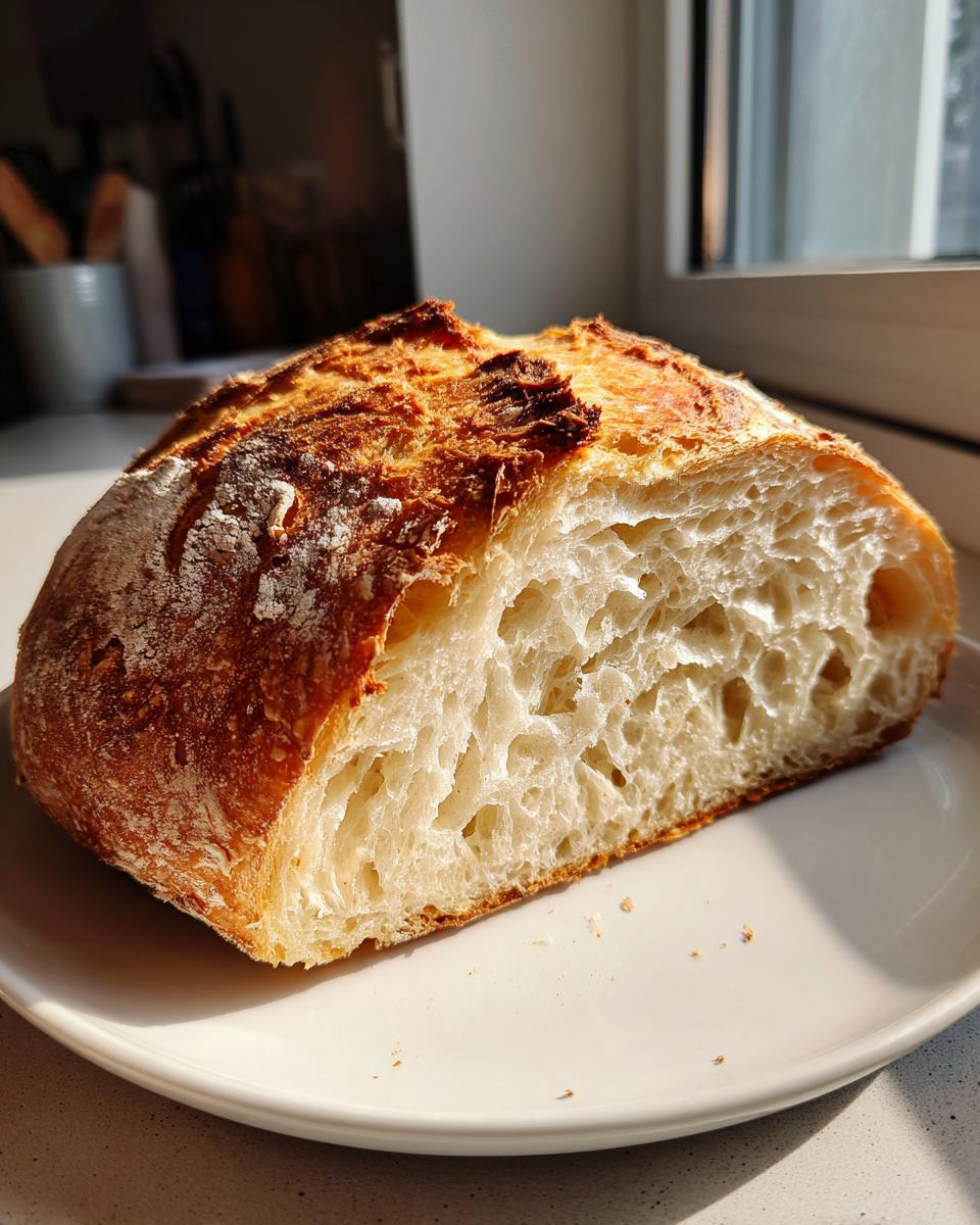 Cross-section of a freshly baked artisan bread loaf showing an open, airy crumb structure.