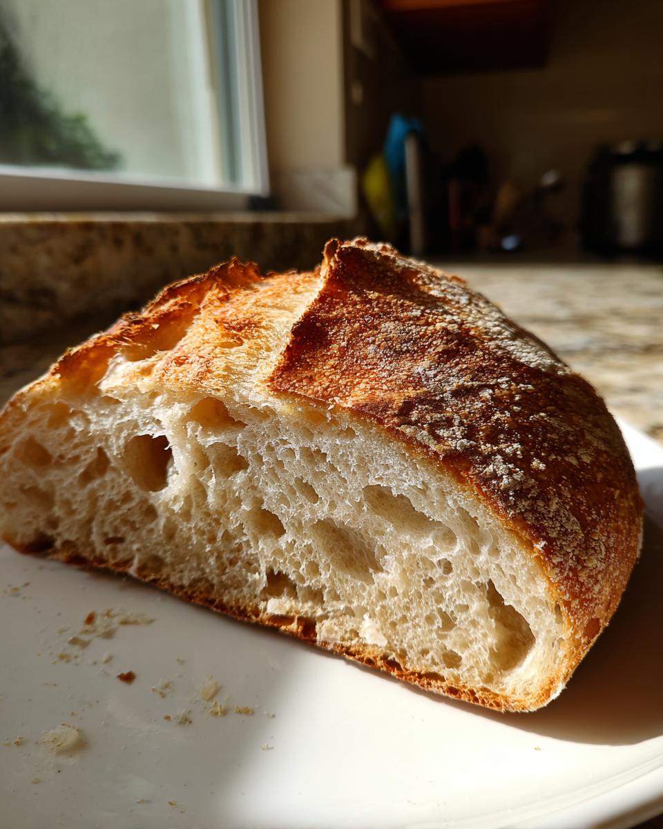 Close-up cross-section showing the open, airy crumb structure of the artisan bread.