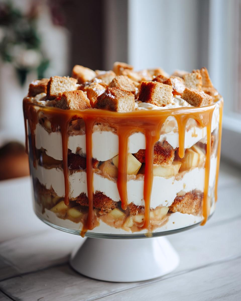 A tall, layered caramel apple trifle featuring cream, cake cubes, and dripping caramel sauce.