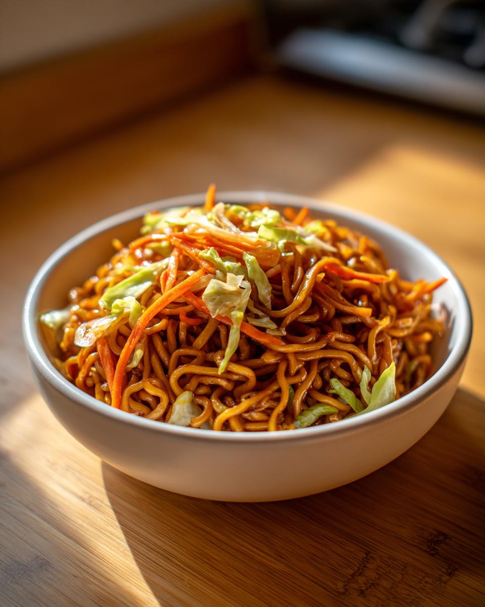 A close-up of a white bowl filled with savory, saucy fried noodles topped with shredded carrots and cabbage.