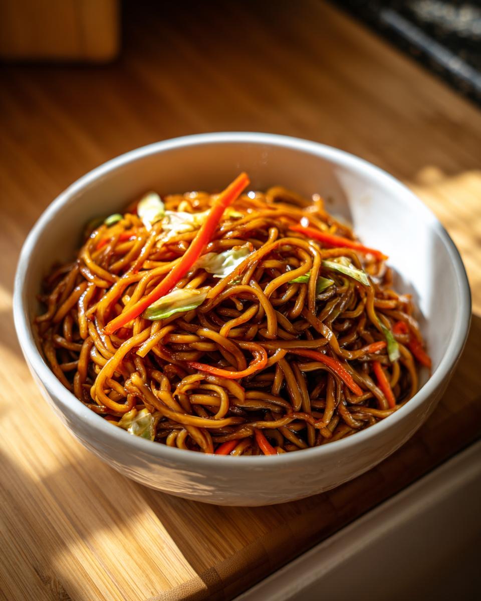Close-up of a white bowl filled with glossy, dark brown fried noodles mixed with shredded carrots and cabbage.