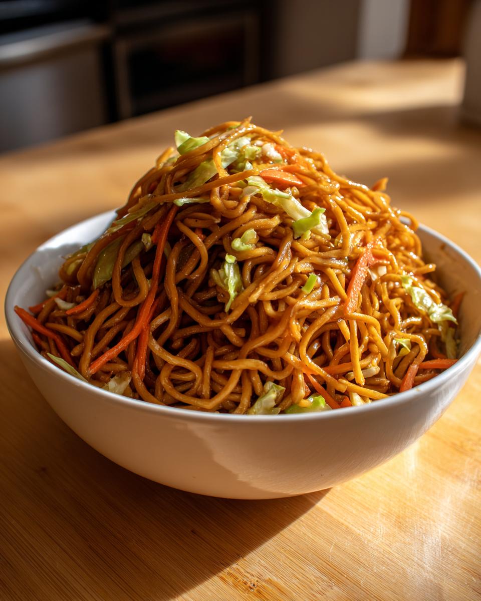 A large white bowl piled high with glossy, brown fried noodles mixed with shredded carrots and cabbage.