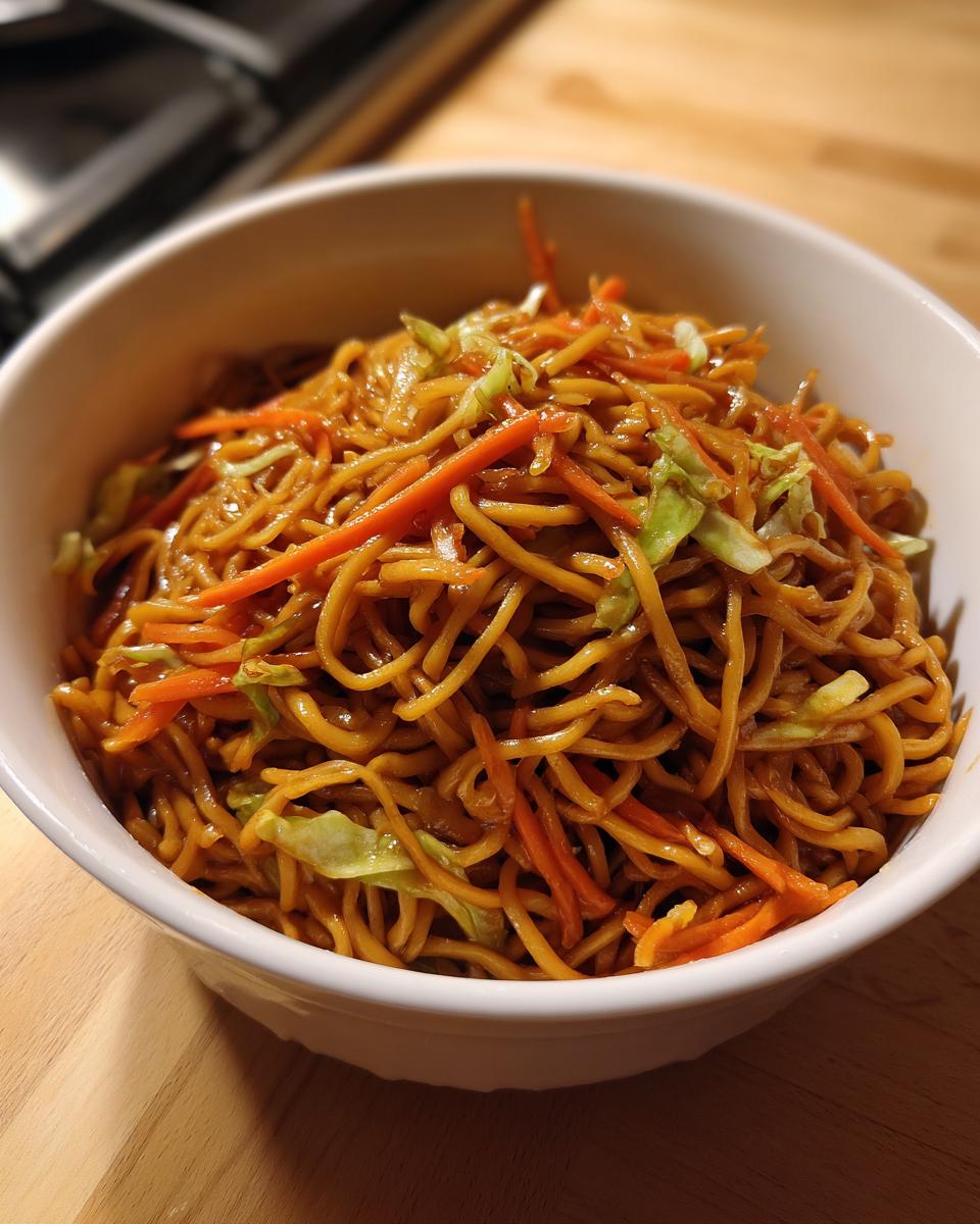 A white bowl filled with glossy, brown fried noodles mixed with shredded carrots and cabbage.