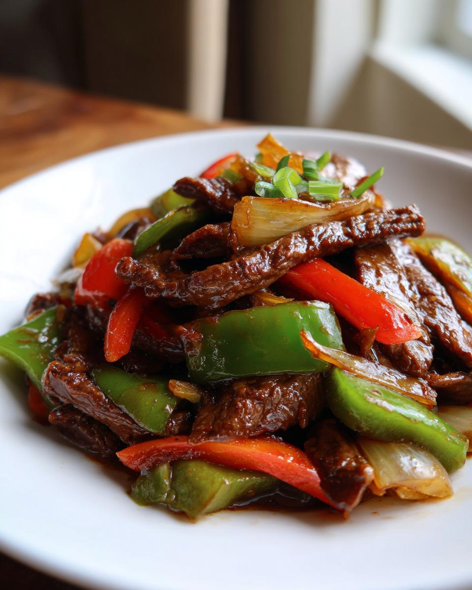 Close-up of glossy, saucy pepper steak strips mixed with vibrant red and green bell peppers and onions.