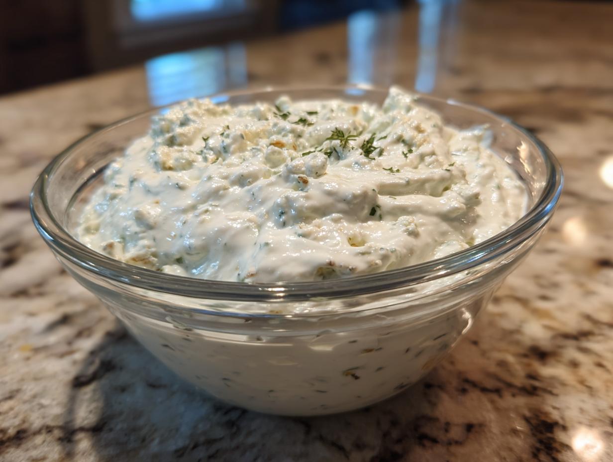 Close-up of a creamy, chunky blue cheese dip garnished with herbs in a clear glass bowl.