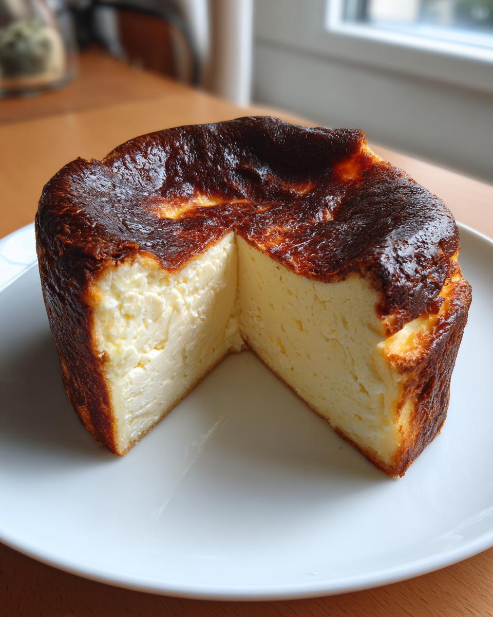 A rich, creamy Basque cheesecake with a deeply caramelized top, sitting on a white plate with one slice cut out.