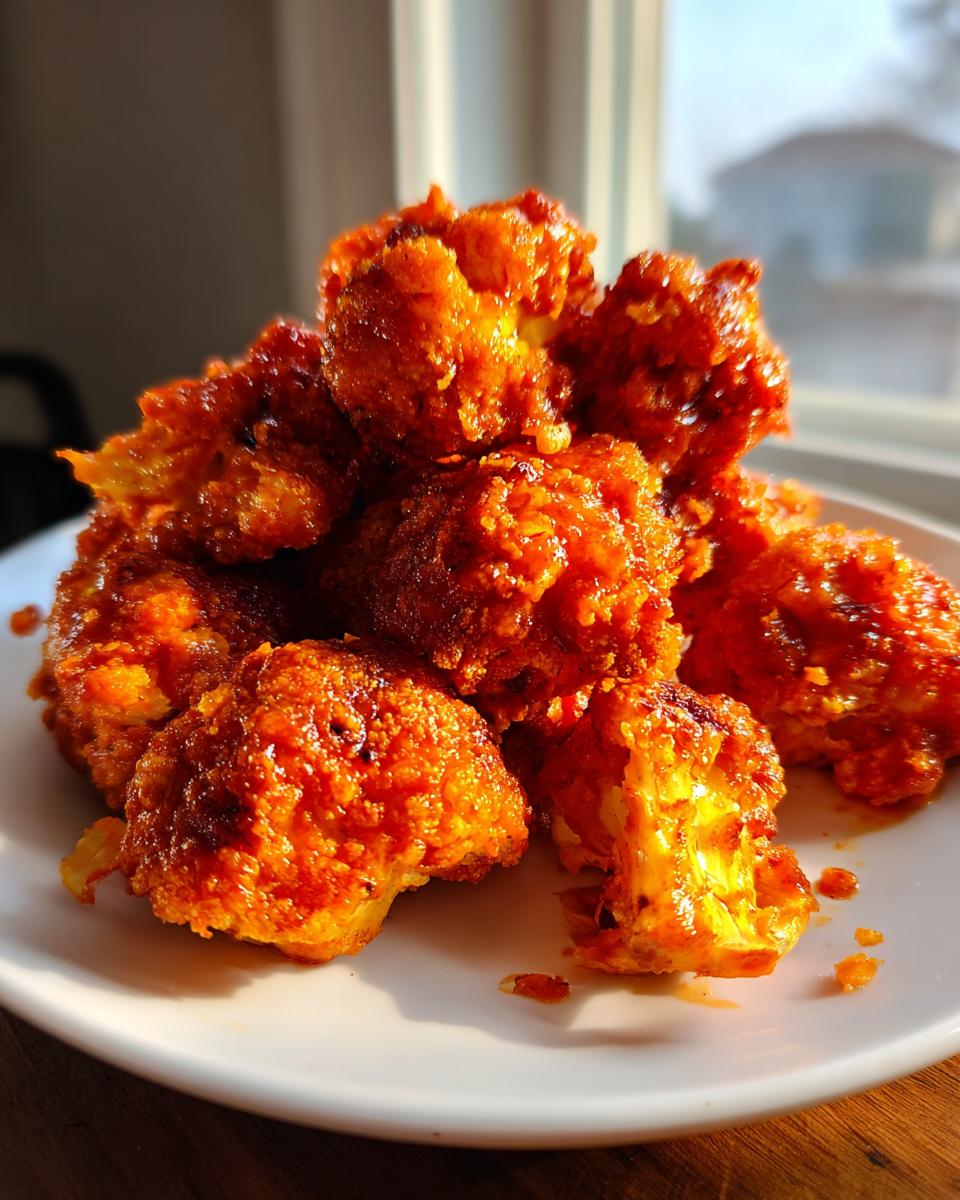 A mound of crispy, bright orange buffalo cauliflower bites piled high on a white plate, catching dramatic sunlight.