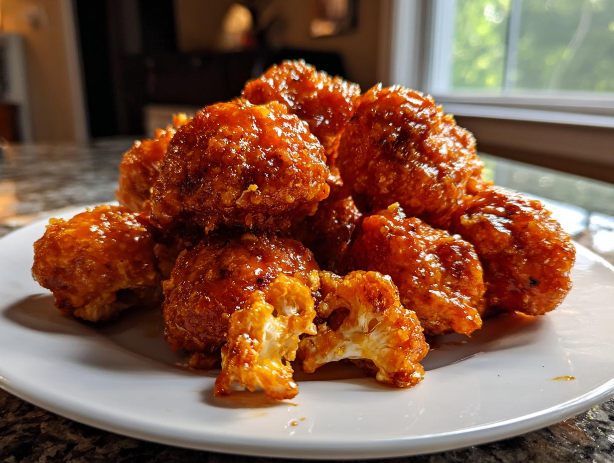 A pile of crispy, saucy buffalo cauliflower bites glistening with orange glaze on a white plate.