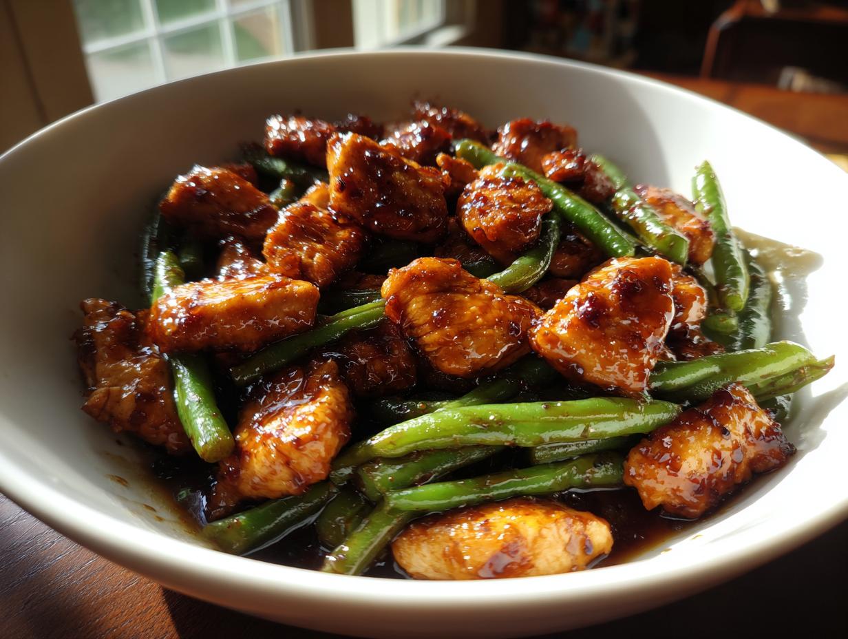 Close-up of delicious, glazed chicken and green beans served in a white bowl, ready to eat.