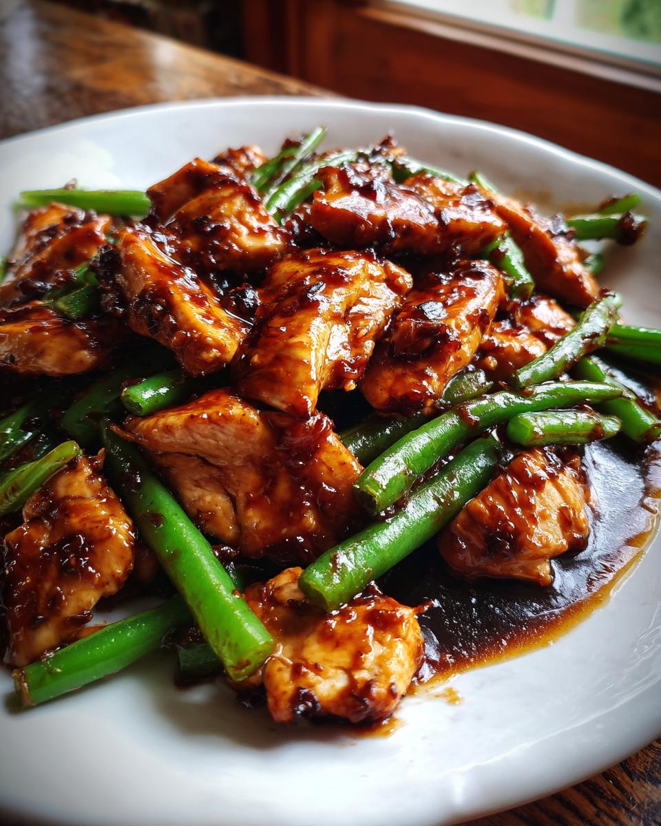 Close-up of tender chicken pieces coated in a rich, dark sauce mixed with bright green beans, showcasing the amazing chicken and green beans dish.