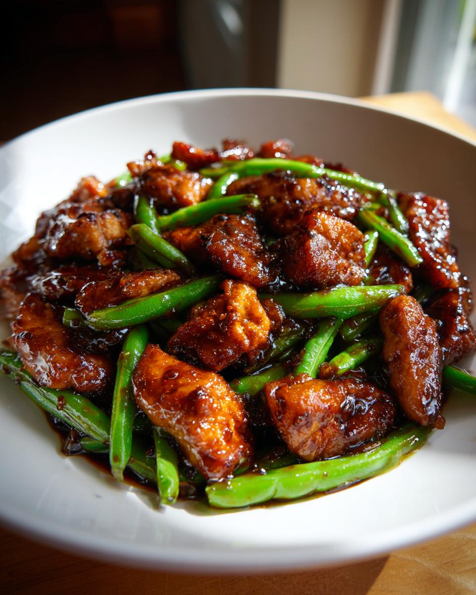 Close-up of saucy, glazed chicken pieces mixed with bright green beans, a perfect example of chicken and green beans.