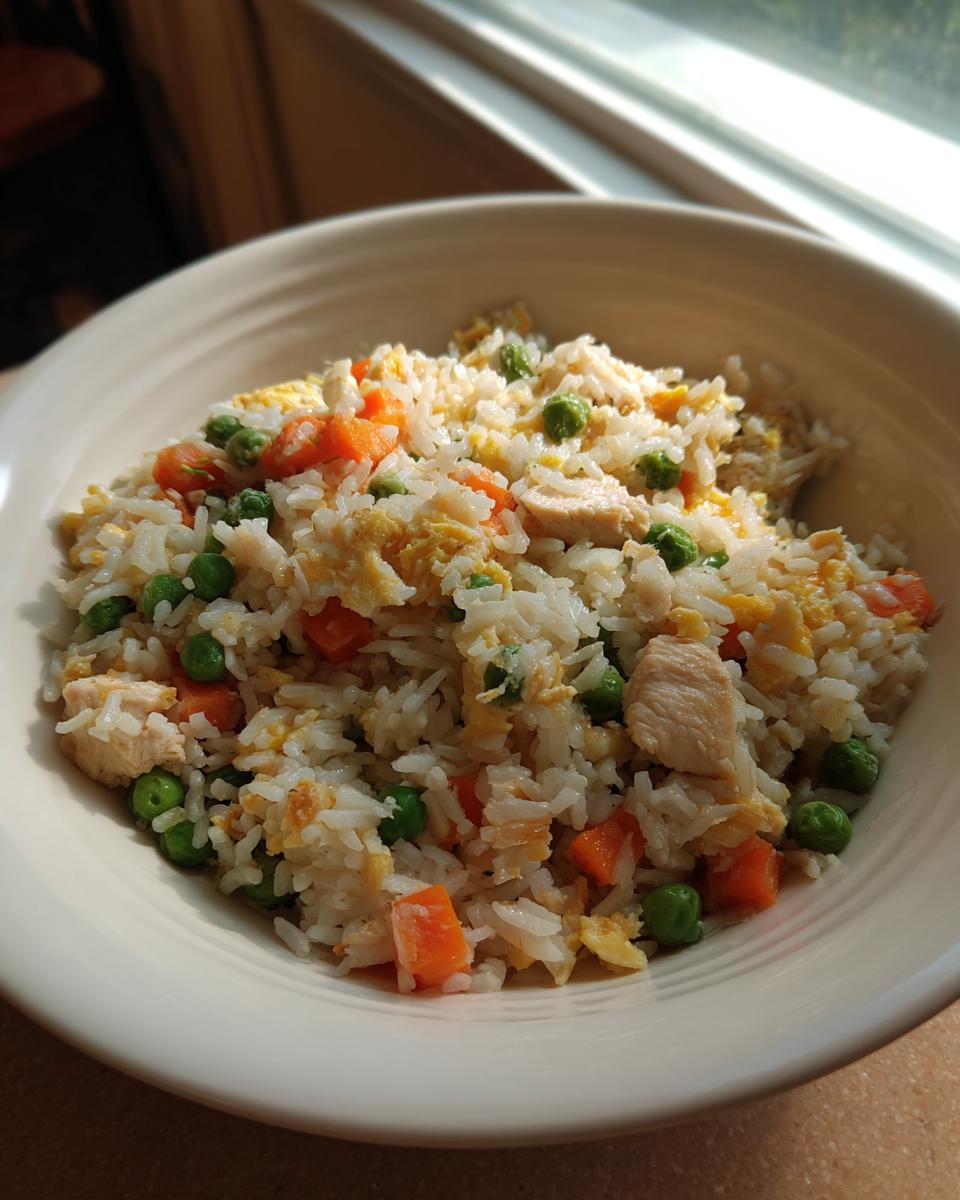 A close-up of a white bowl filled with homemade chicken fried rice, featuring visible pieces of chicken, scrambled egg, peas, and diced carrots.