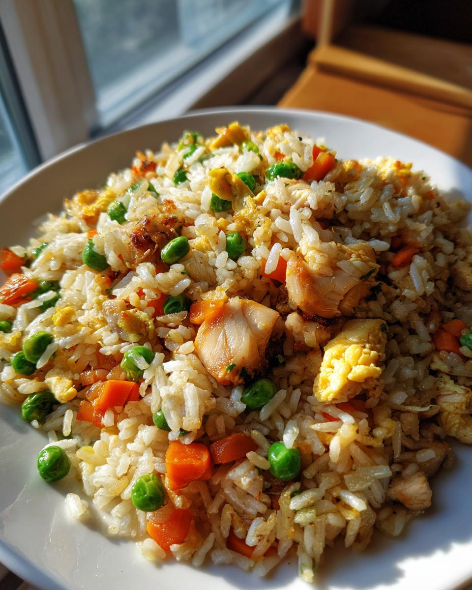 A close-up serving of amazing 30-minute chicken fried rice with visible pieces of chicken, scrambled egg, carrots, and peas.