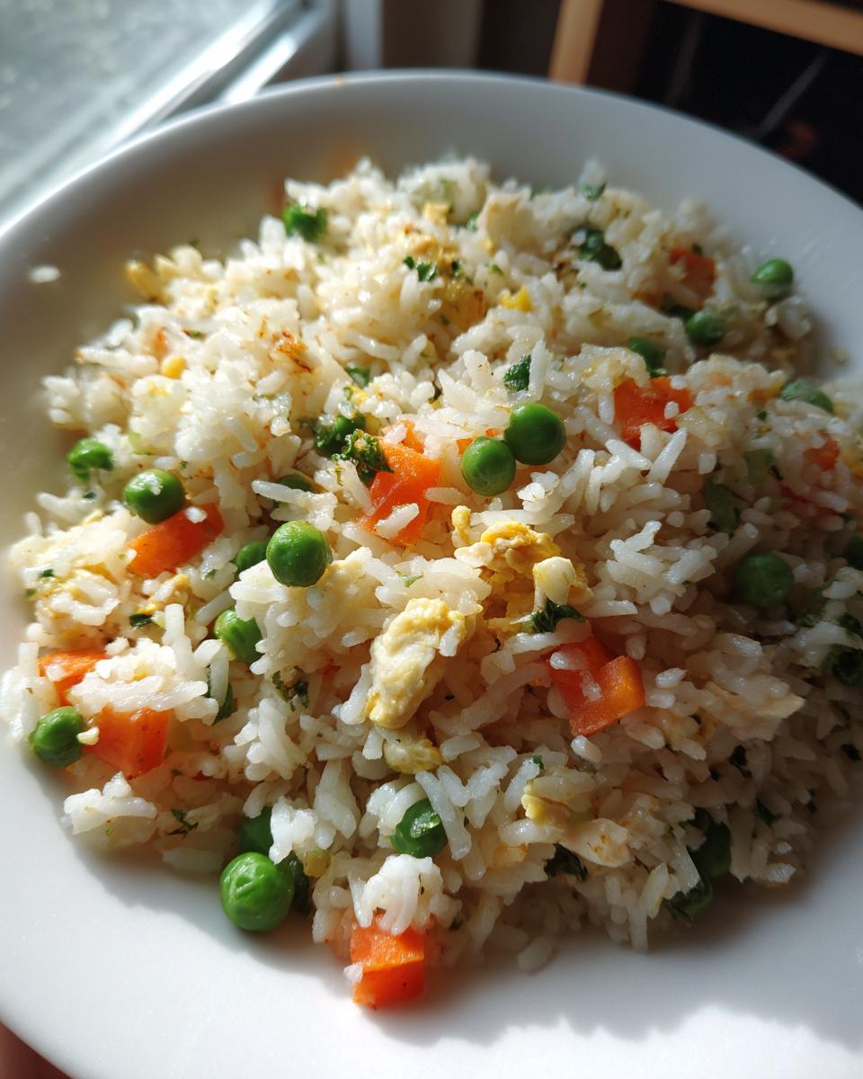 A close-up shot of fluffy white rice mixed with bright green peas, diced carrots, and scrambled egg pieces, representing delicious chicken fried rice.