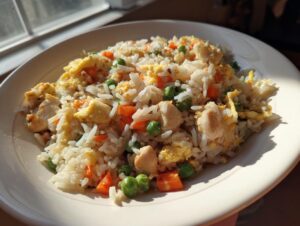 A close-up, sunlit view of a plate filled with homemade chicken fried rice featuring rice, chicken pieces, scrambled egg, peas, and carrots.