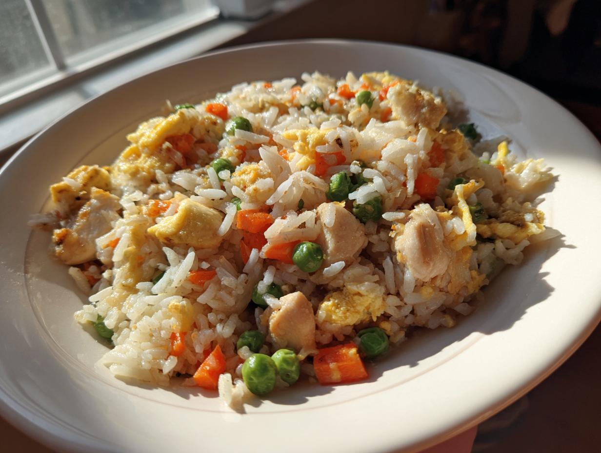 A close-up, sunlit view of a plate filled with homemade chicken fried rice featuring rice, chicken pieces, scrambled egg, peas, and carrots.