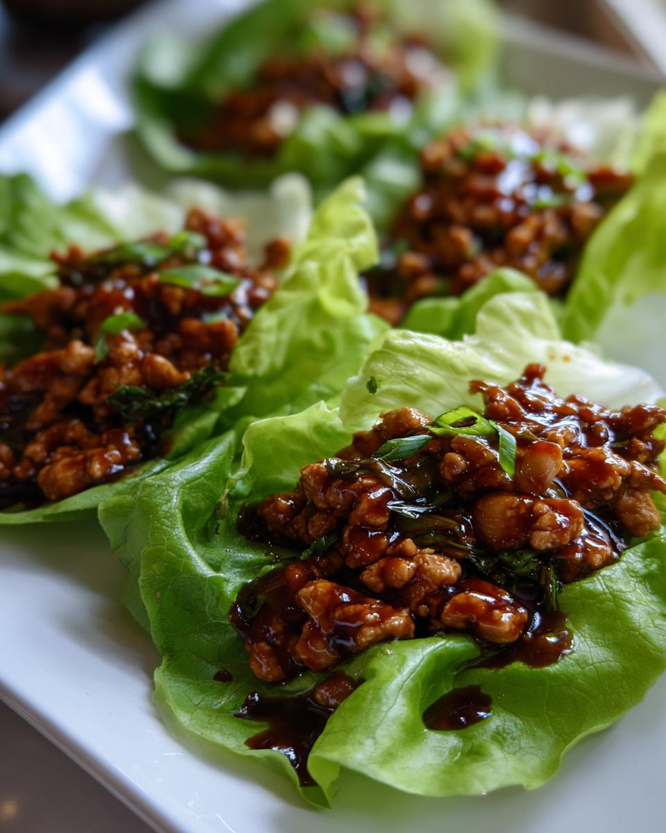 Close-up of several delicious chicken lettuce wraps filled with savory ground chicken mixture and glossy sauce.