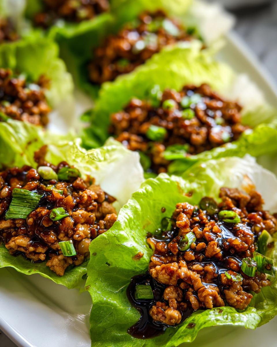 Close-up view of several servings of savory chicken lettuce wraps filled with saucy ground chicken and topped with green onions.