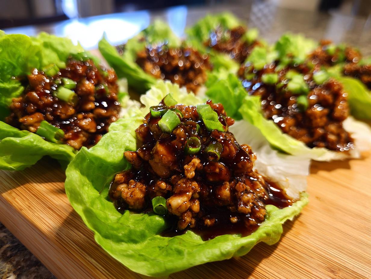 Close-up of several fresh chicken lettuce wraps filled with savory brown sauce and topped with green onions.