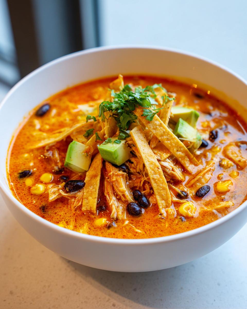 A close-up of a rich, orange broth chicken tortilla soup topped with crispy tortilla strips, avocado, and cilantro.