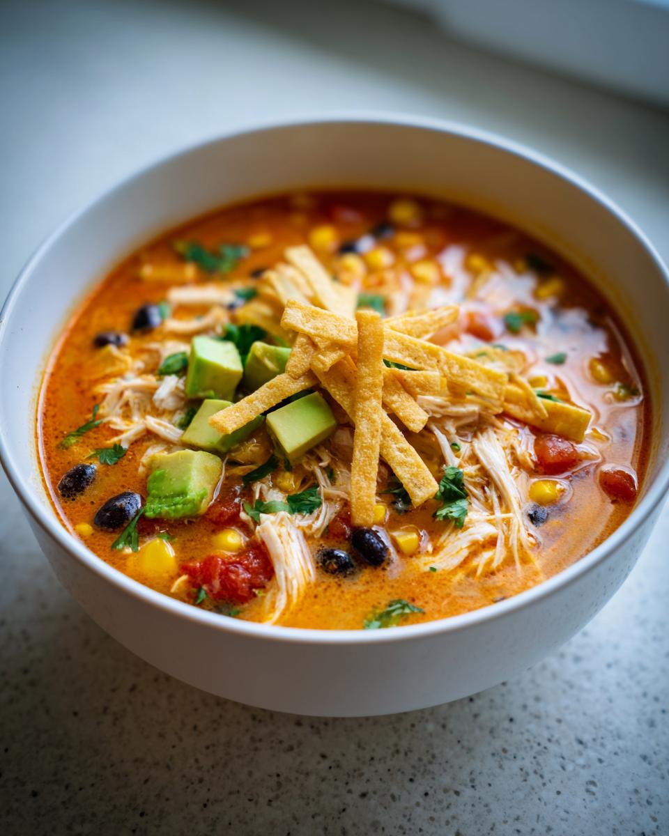 Close-up of a bowl of vibrant chicken tortilla soup topped with avocado, black beans, and crispy tortilla strips.