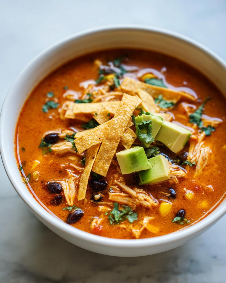 Close-up of a vibrant bowl of chicken tortilla soup topped with crispy tortilla strips, avocado, and cilantro.