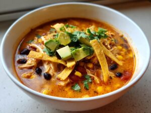 A vibrant bowl of amazing chicken tortilla soup topped with avocado, black beans, and crispy tortilla strips.
