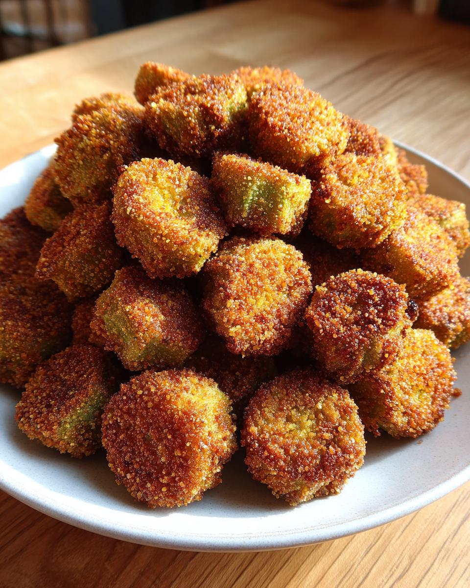 A large pile of golden brown, perfectly crunchy fried okra pieces stacked high on a light-colored plate.