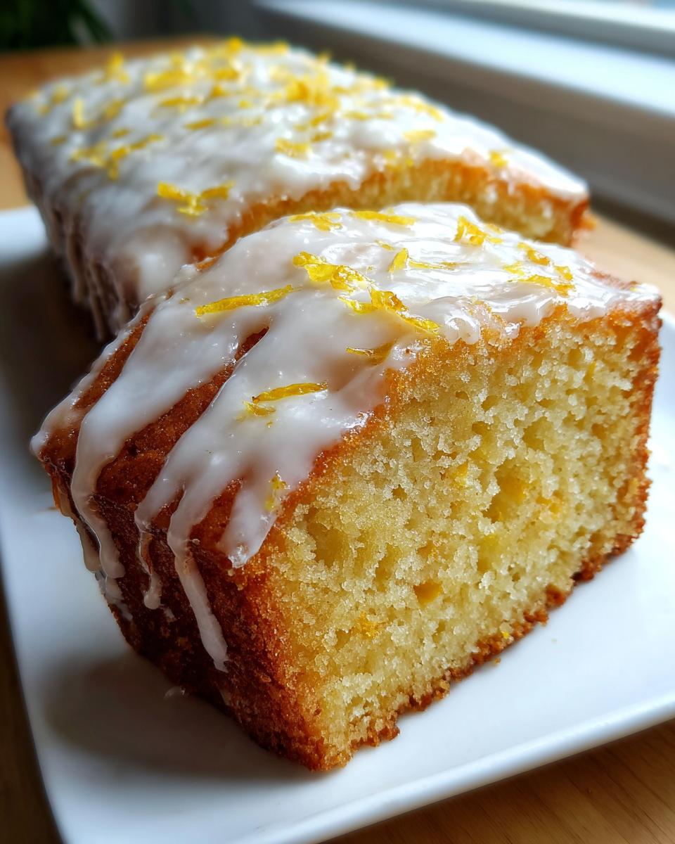 Close-up of a moist slice of lemon loaf topped with white glaze and bright yellow lemon zest.