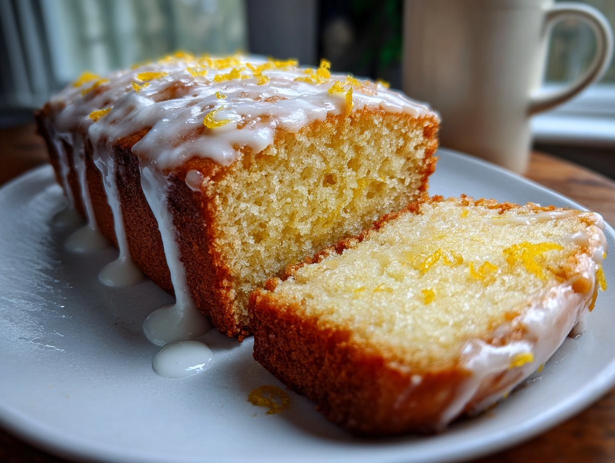 A slice cut from a moist lemon loaf drizzled with white glaze and topped with bright yellow lemon zest.