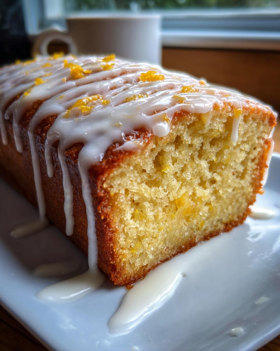 A close-up of a moist lemon loaf slice topped with white icing drizzle and bright orange lemon zest.