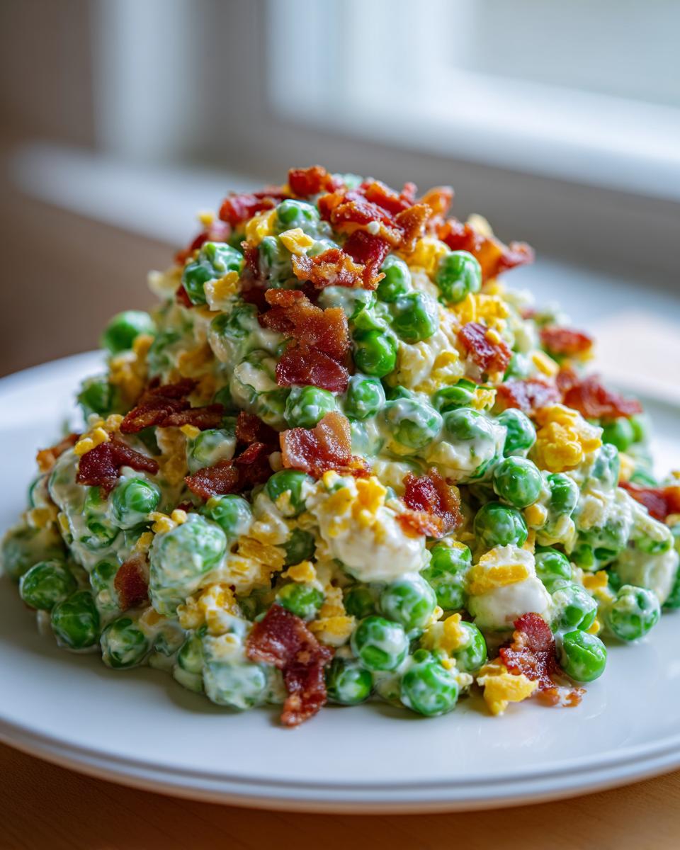 A mound of creamy pea salad mixed with chopped egg and generously topped with crispy bacon pieces.