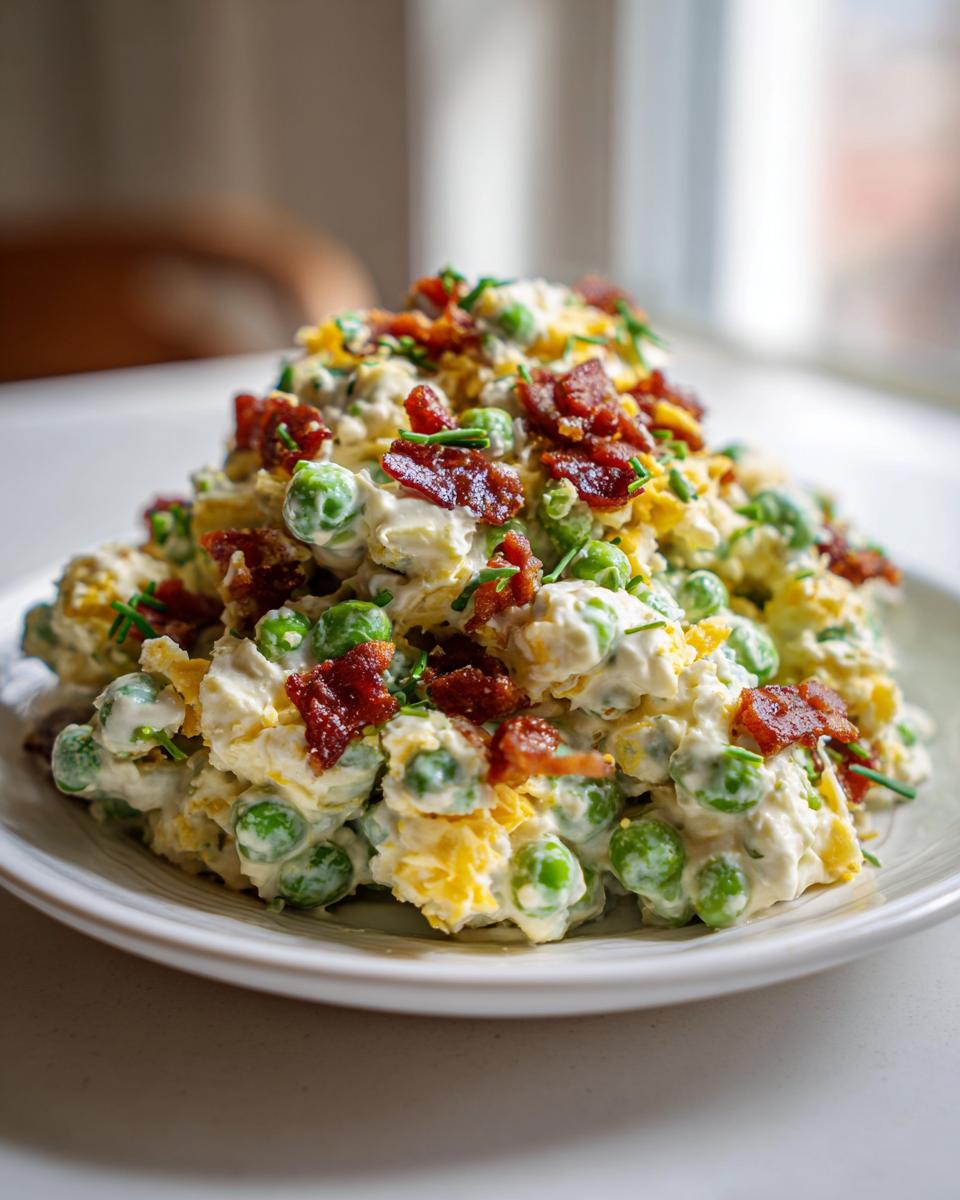 A mound of creamy pea salad mixed with eggs and topped generously with crispy bacon bits and chives.