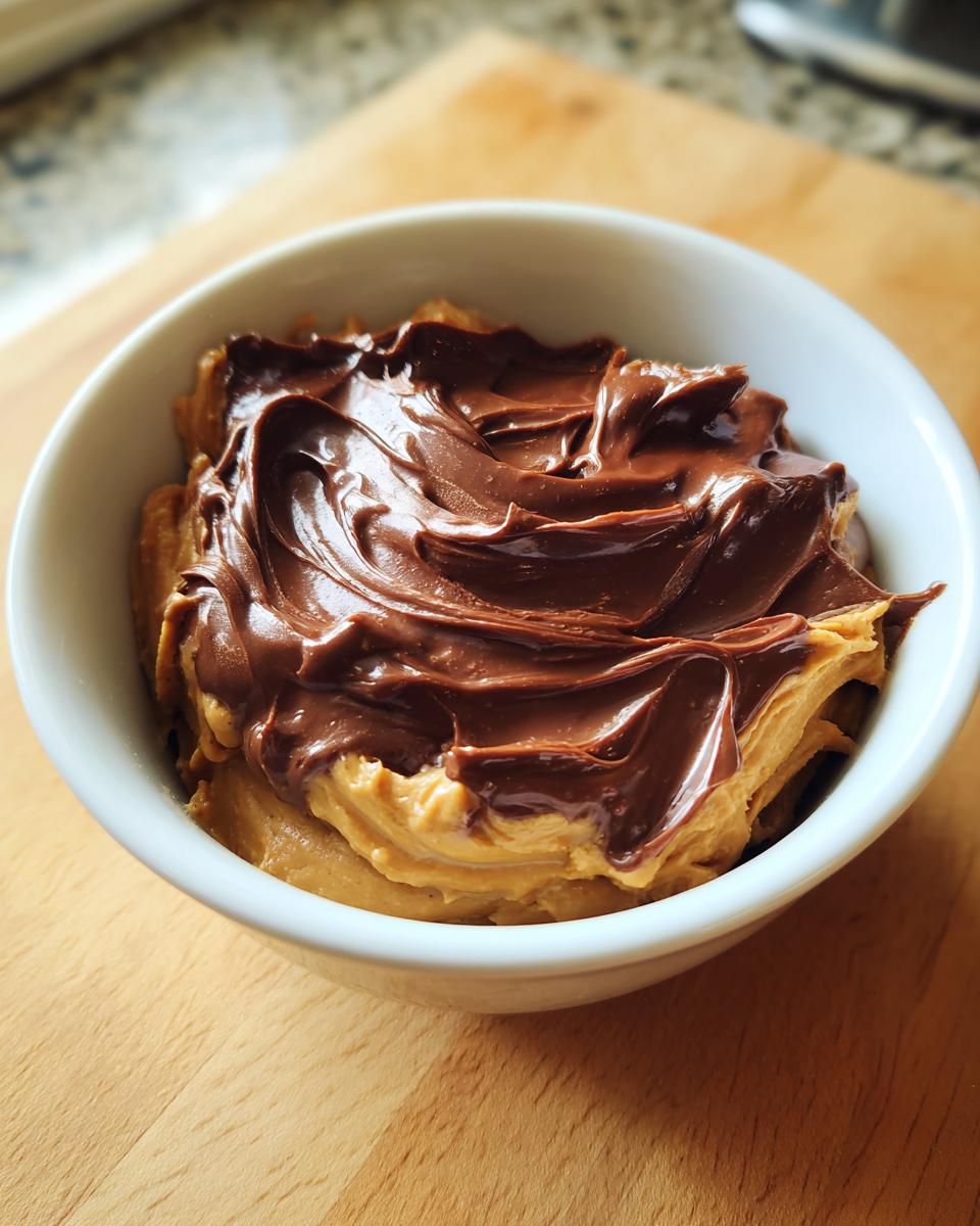 Close-up of a white bowl containing a creamy peanut butter dip topped with a rich swirl of melted chocolate.