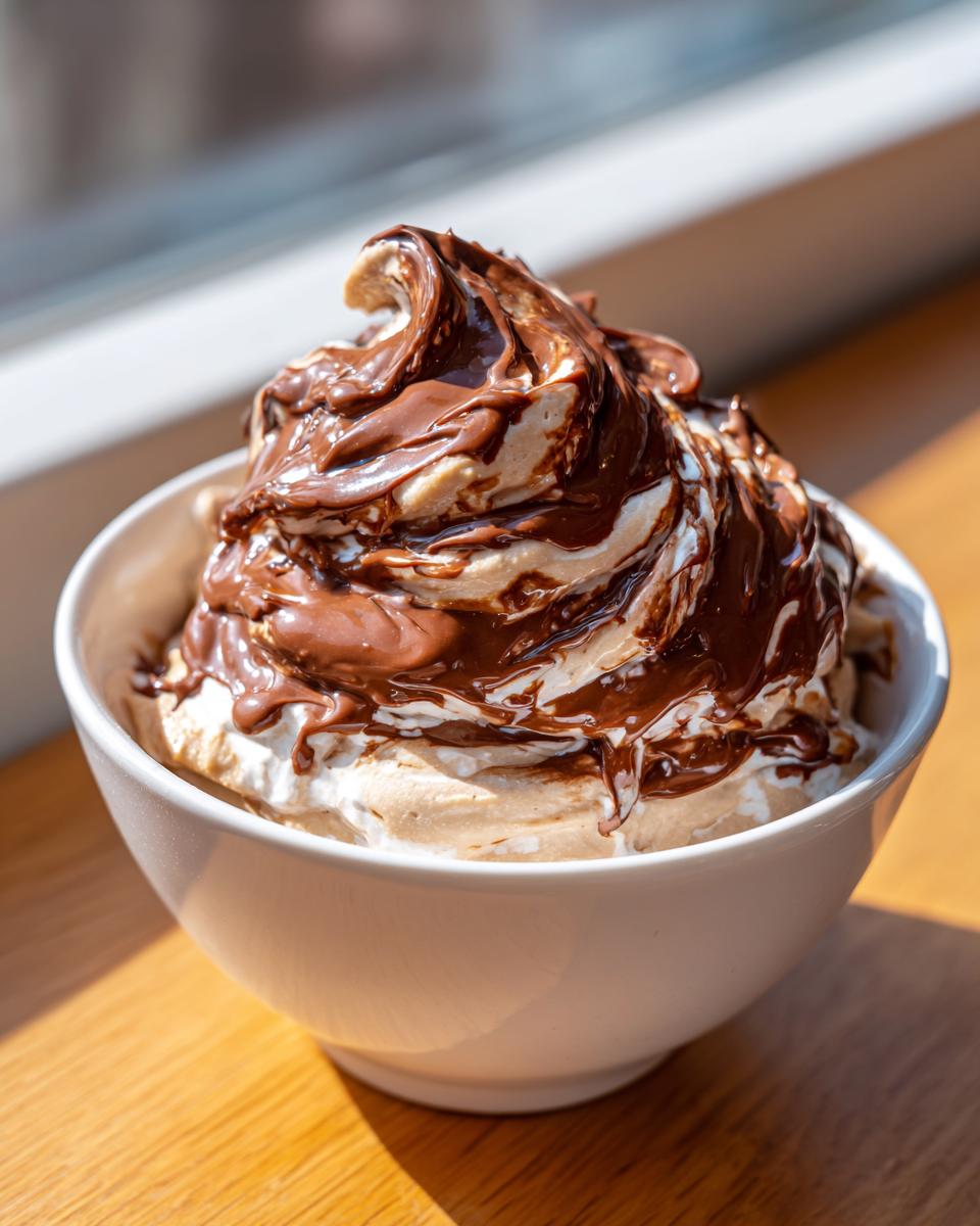 A bowl filled with fluffy peanut butter dip, swirled high and generously drizzled with melted chocolate.